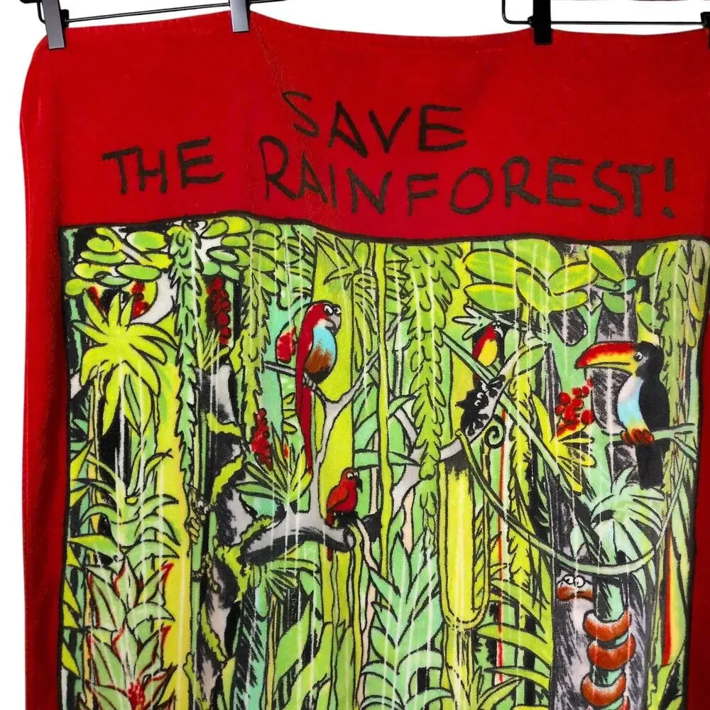 Vintage 90s 'Save The Rainforest' Graphic Green Red Cotton Beach Towel 60